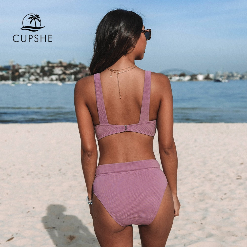CUPSHE Tall Triangle High Waist Bikini Set Swimsuit For Women Solid Pink Sexy Two Pieces Beachwear 2023 Bathing Suit Swimwear