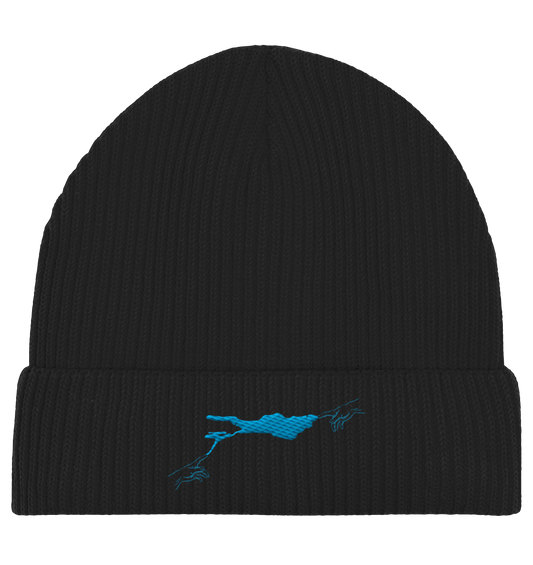 olivgrüne Beanie blaues Vogelmotiv