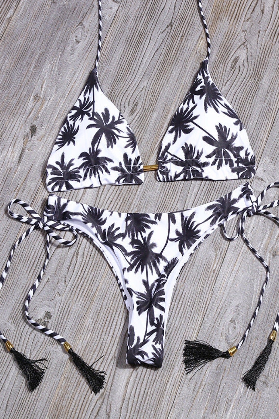 Bikini Damen Triangel Print Palmen schwarz weiß