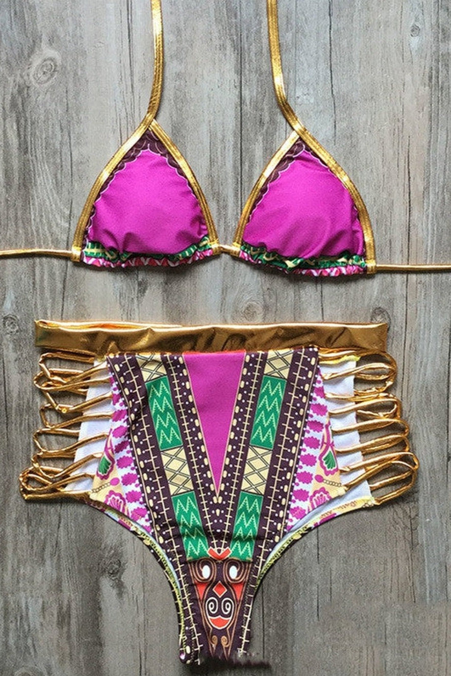High Waist Bikini Set gold und rosa