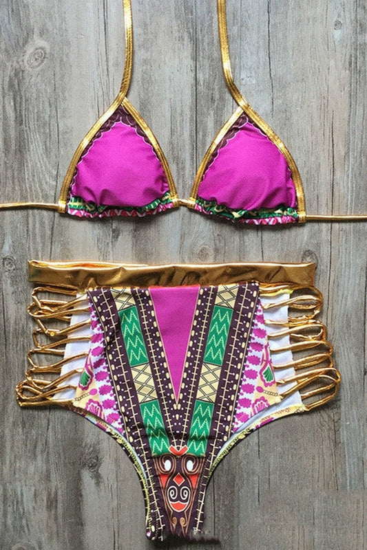 High Waist Bikini Set gold und rosa