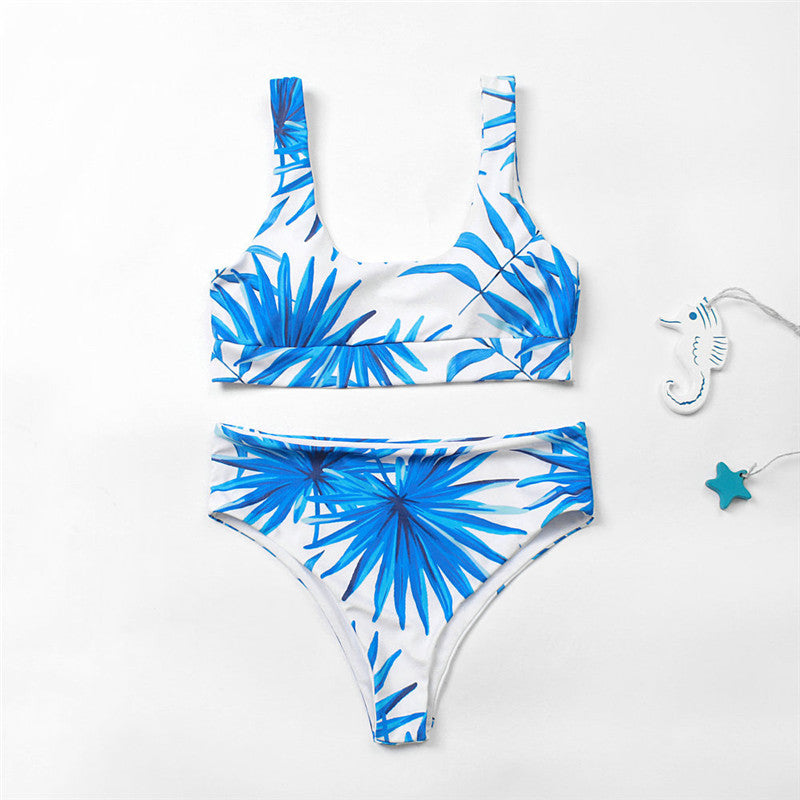 Bikini blue palm leaf print