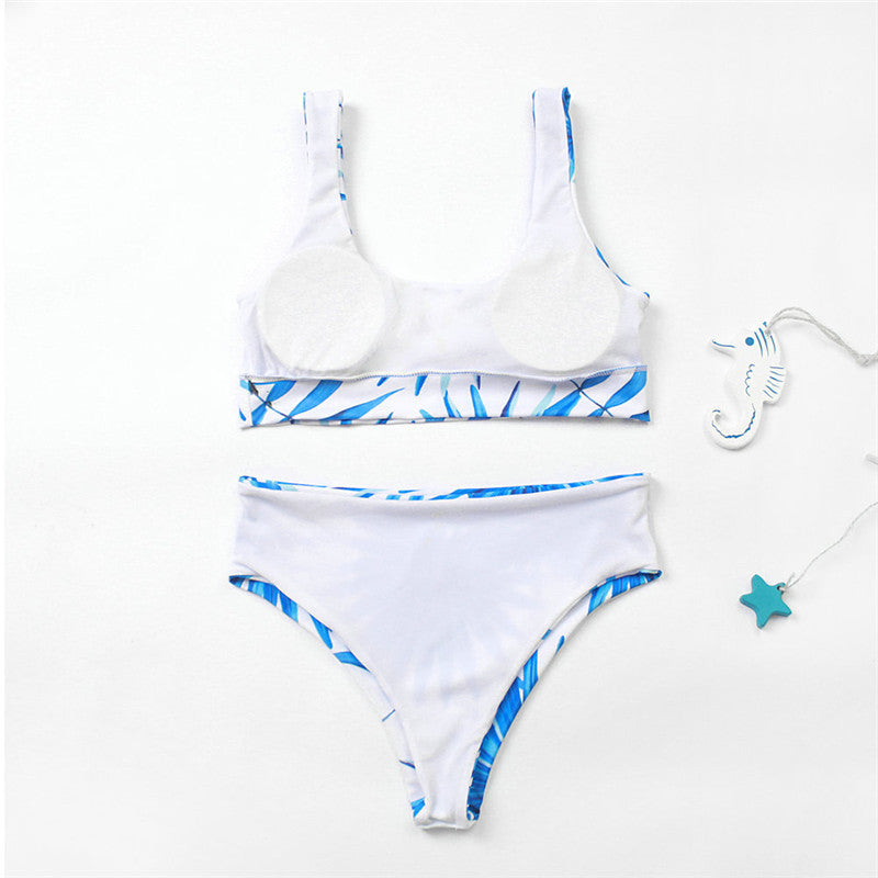 Bikini blue palm leaf print