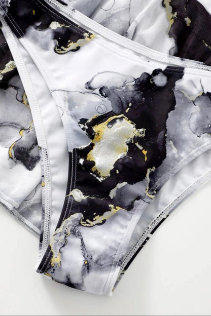 Damen-Bikini-Set dreiteilig mit Rock marmoriert schwarz unterteil