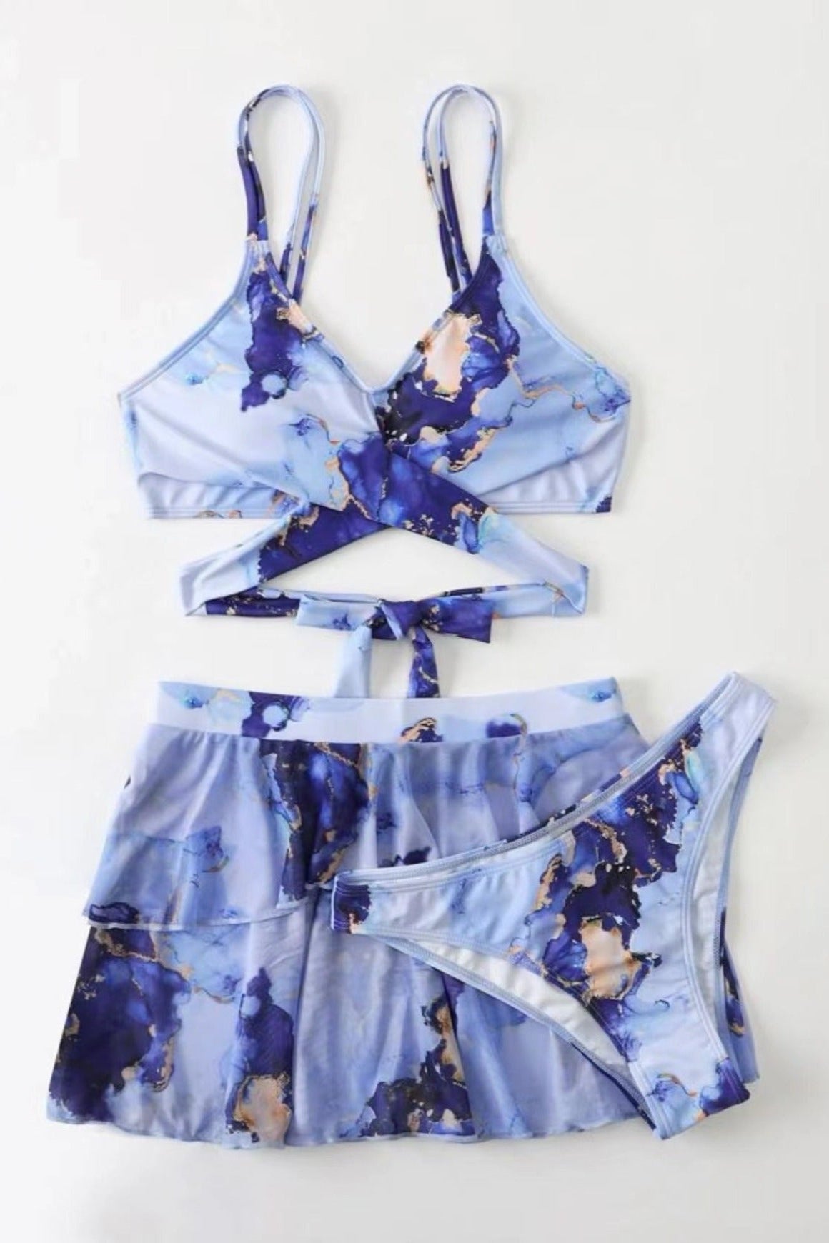 Damen-Bikini-Set dreiteilig mit Rock marmoriert blau 