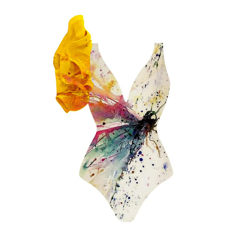 Women's Swimsuit with Paint Splatter Leaf Motif