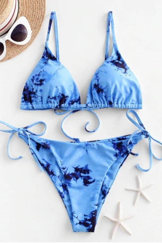Marmorierter Bikini Triangel Look blau