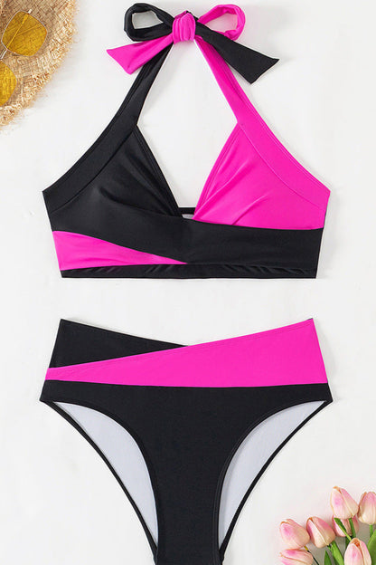 Halter-Bikini mit hoher Taille lila und schwarz vorne