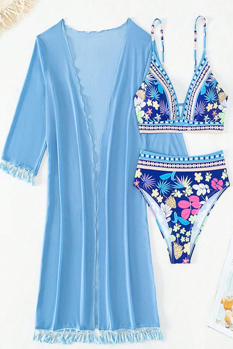 3-teiliges Bikini-Set für Damen in Blau mit Blumenmuster und Poncho