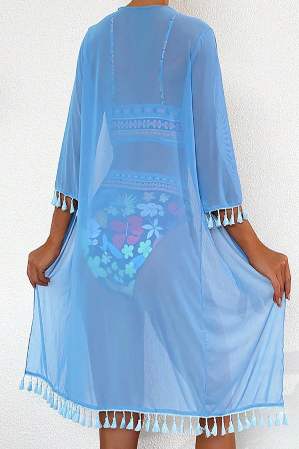 3-teiliges Bikini-Set für Damen in Blau mit Blumenmuster und Poncho