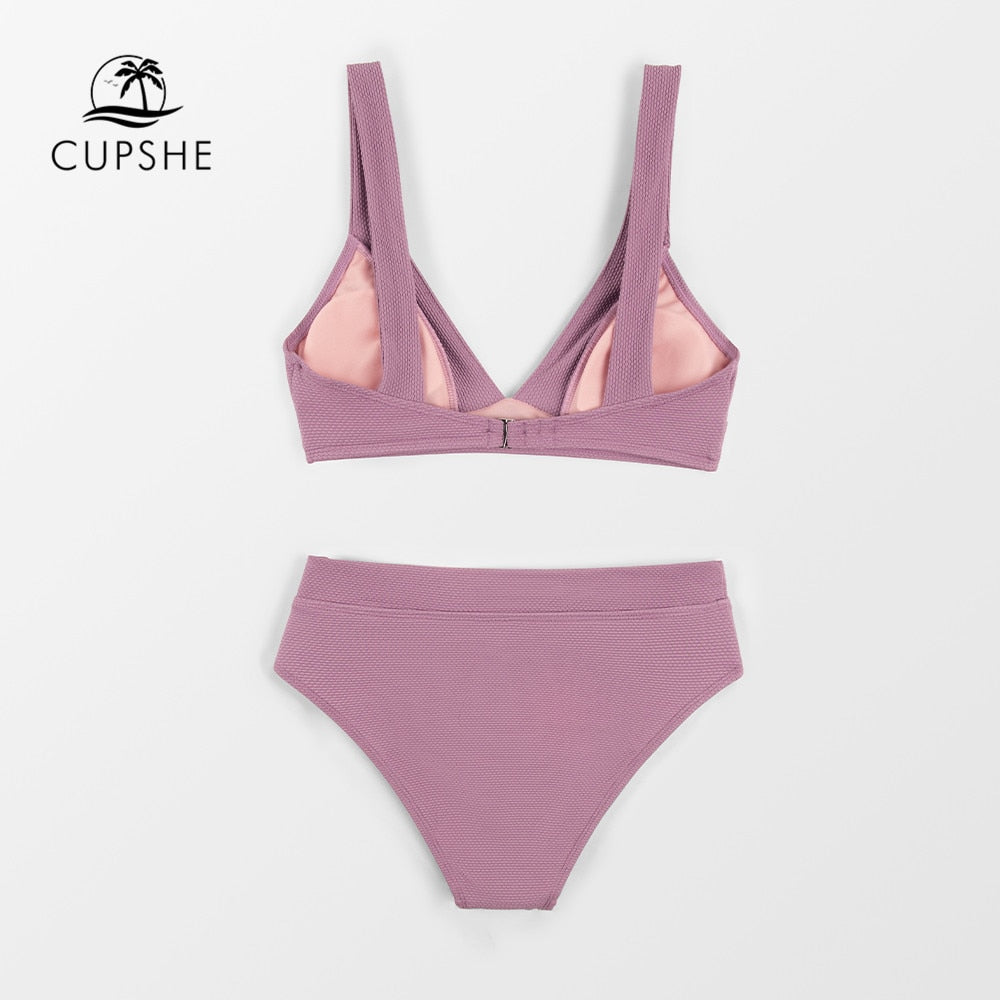 CUPSHE Tall Triangle High Waist Bikini Set Swimsuit For Women Solid Pink Sexy Two Pieces Beachwear 2023 Bathing Suit Swimwear