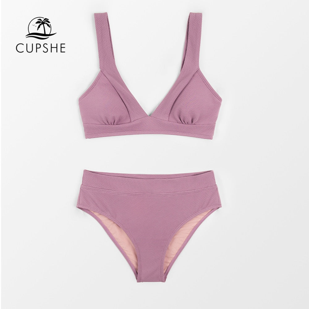 CUPSHE Tall Triangle High Waist Bikini Set Swimsuit For Women Solid Pink Sexy Two Pieces Beachwear 2023 Bathing Suit Swimwear