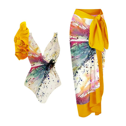 Women's Swimsuit with Paint Splatter Leaf Motif