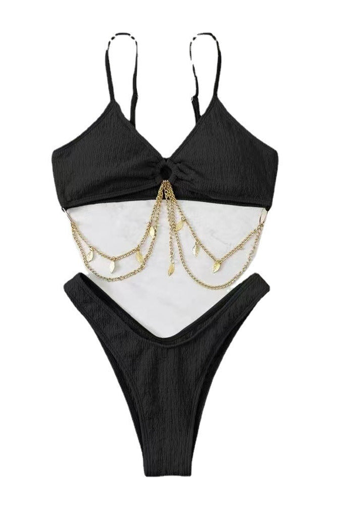 Schwarzes Bikini Damen mit schmuck unter Brust