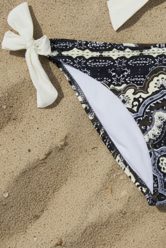 white bikini top patterned bottoms