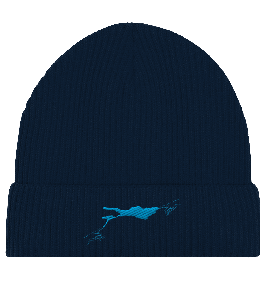 olivgrüne Beanie blaues Vogelmotiv