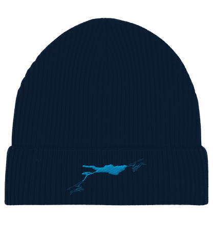olivgrüne Beanie blaues Vogelmotiv