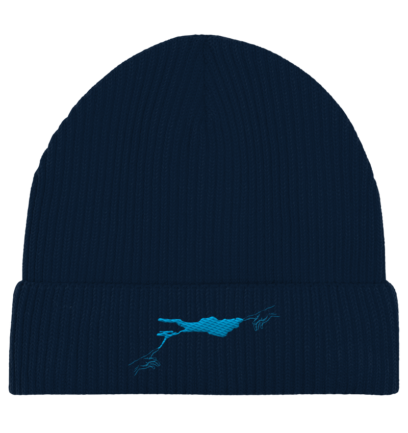 olivgrüne Beanie blaues Vogelmotiv