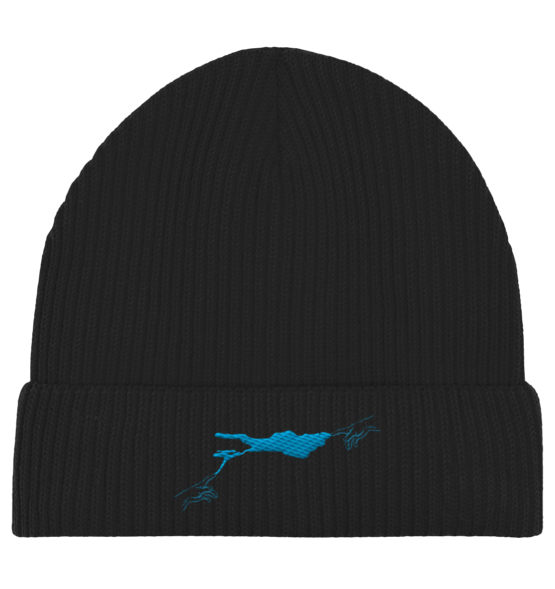 olivgrüne Beanie blaues Vogelmotiv
