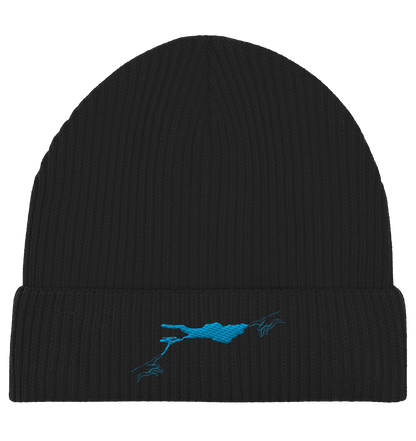 olivgrüne Beanie blaues Vogelmotiv