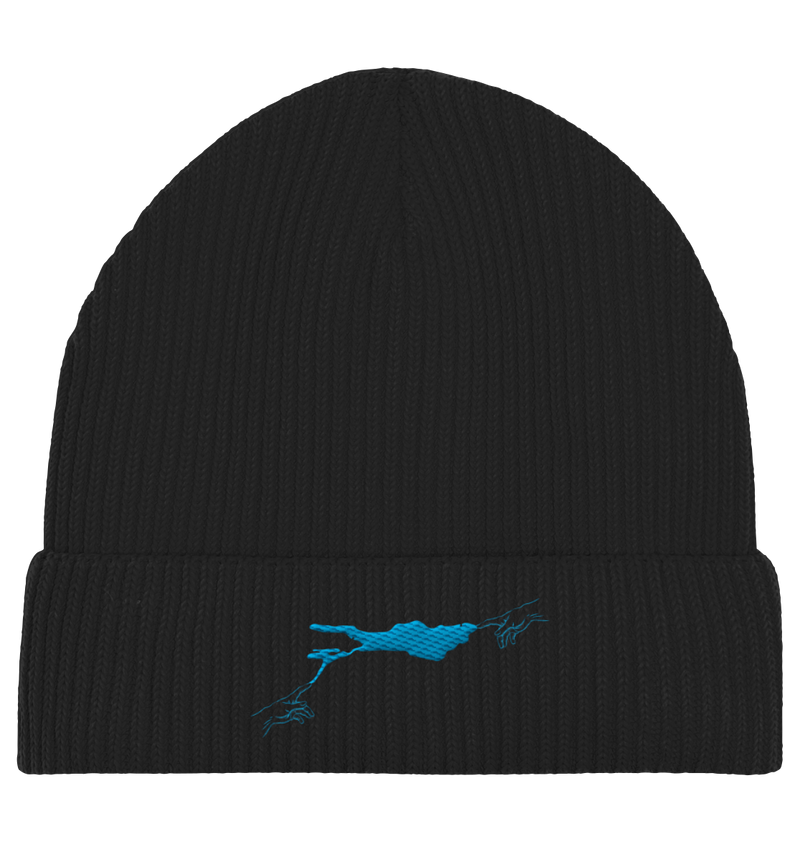 olivgrüne Beanie blaues Vogelmotiv