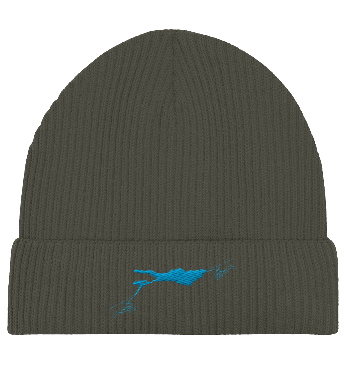 olivgrüne Beanie blaues Vogelmotiv