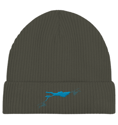 olivgrüne Beanie blaues Vogelmotiv