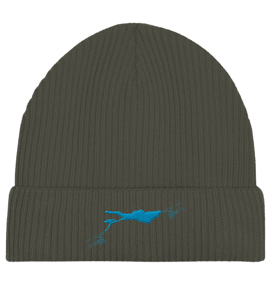 olivgrüne Beanie blaues Vogelmotiv