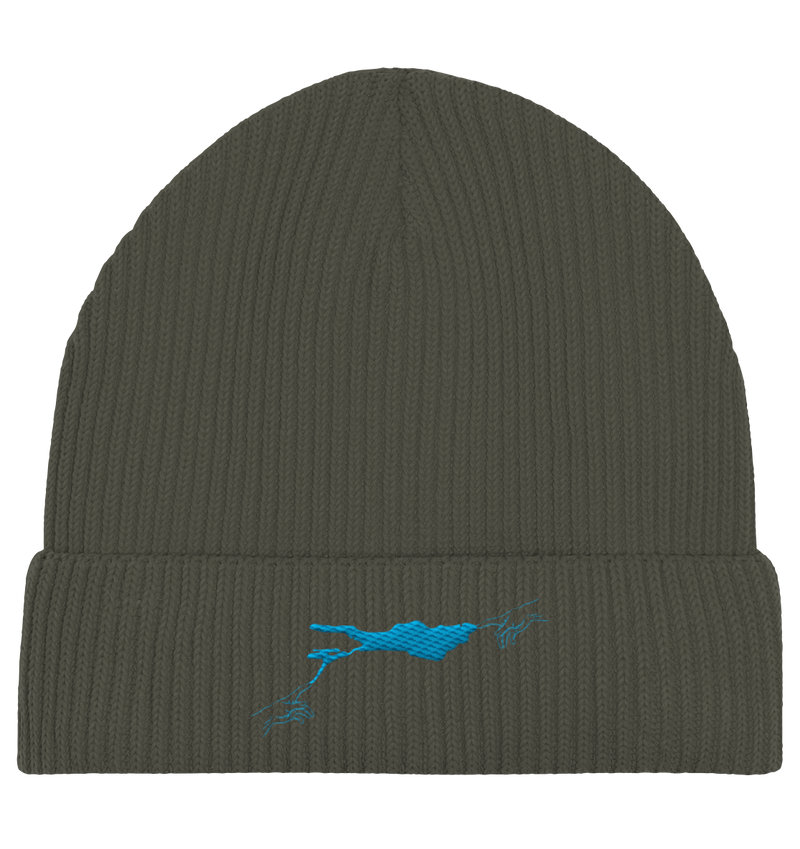 olivgrüne Beanie blaues Vogelmotiv