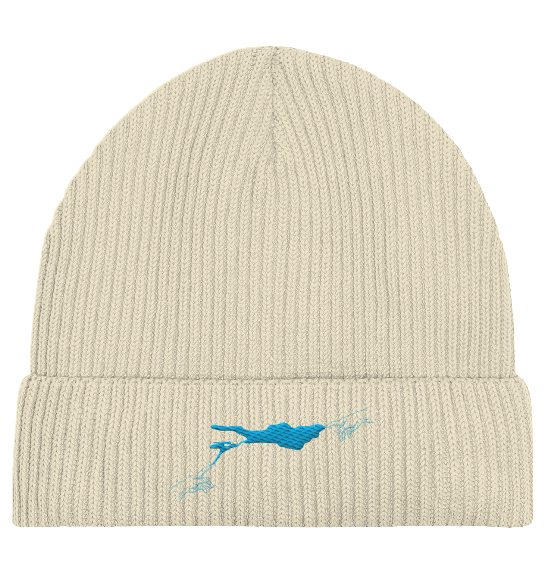 olivgrüne Beanie blaues Vogelmotiv