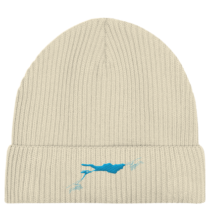 olivgrüne Beanie blaues Vogelmotiv