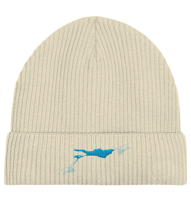 olivgrüne Beanie blaues Vogelmotiv